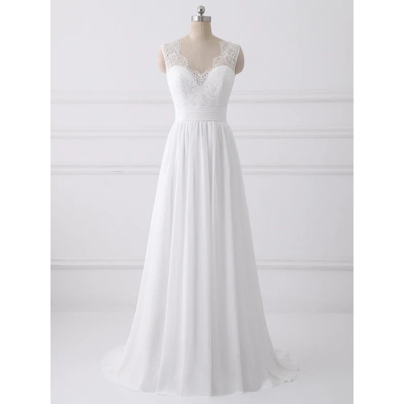 A-line V-neck Sweep Train Chiffon Lace Wedding Dresses With Bows Floor Length Wholesale