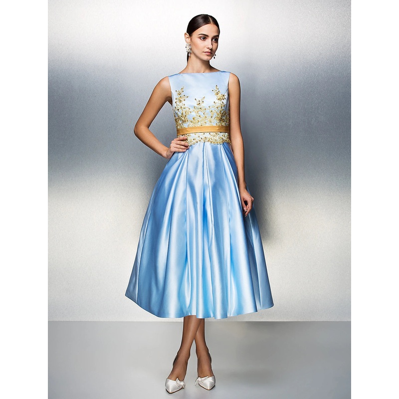 Aimishang A-Line Cocktail Dresses Party Dress Wedding Guest Tea Length Sleeveless Jewel Neck Satin V Back with Pleats Appliques