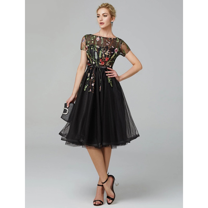 Aimishang A-Line Elegant Floral Engagement Formal Evening Dress Illusion Neck Short Sleeve Knee Length Lace with Pleats Appliques