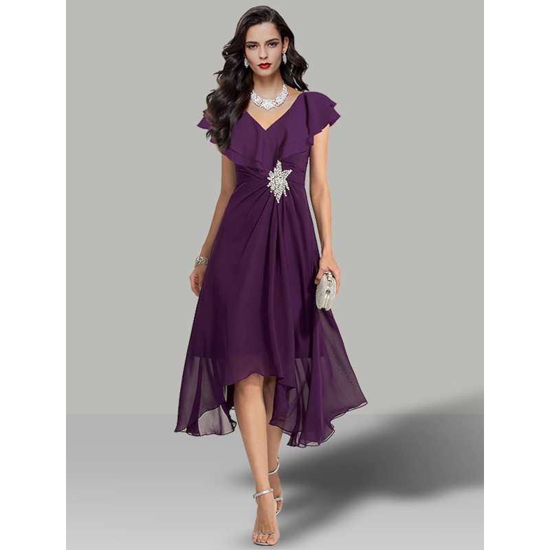 Aimishang  A-Line Wedding Guest Dresses Elegant Dress Cocktail Party Tea Length Short Sleeve V Neck Chiffon with Rhinestone