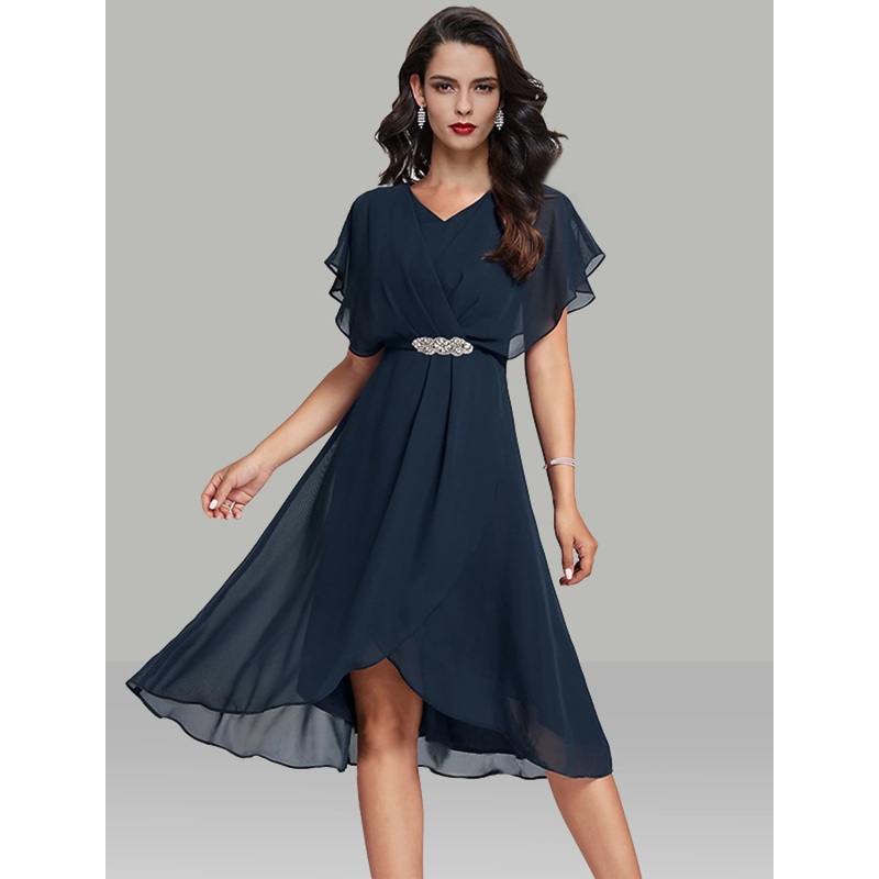Aimishang A-Line Wedding Guest Dresses Elegant Dress Semi Formal Tea Length Short Sleeve V Neck Belt / Sash Chiffon with Beading