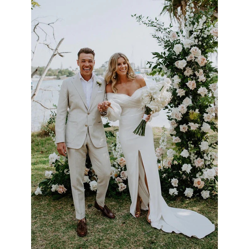 Fabulous Long sleeves Satin Sheath Wedding Dresses Sweep Train Bridal Gowns With Slit Wholesale