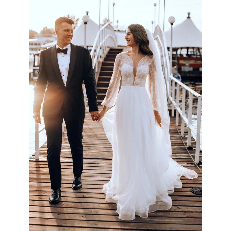 Fascinating Long Sleeves Deep V-neck Lace Backless A-line Wedding Dresses Sexy