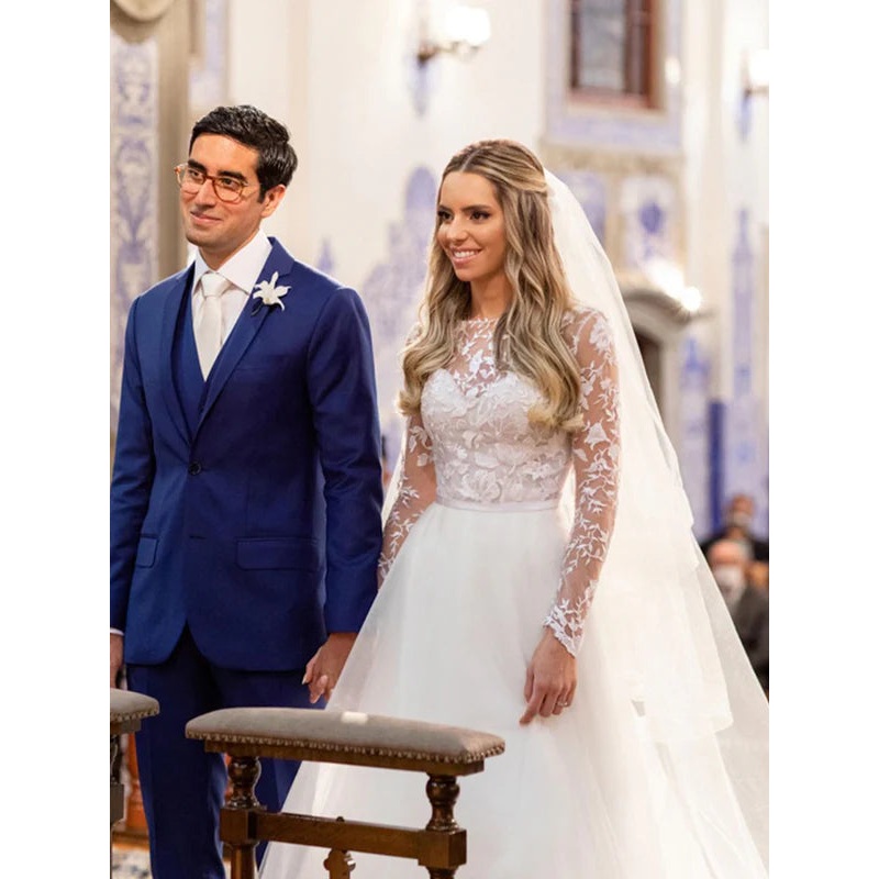 Floral Lace Illusion Long Sleeves Tulle Bridal Dress A Line Wedding Dress Elegant Wholesale