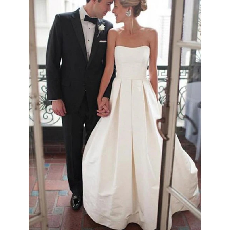 Glamorous Satin Strapless Neckline A-line Wedding Dresses Off Shoulder Simple Solid Color