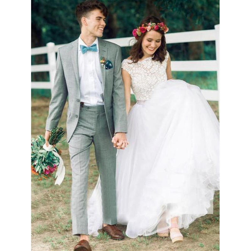 Graceful Tulle Bateau Neckline Cap Sleeves A-line Wedding Dresses With Beadings Elegant