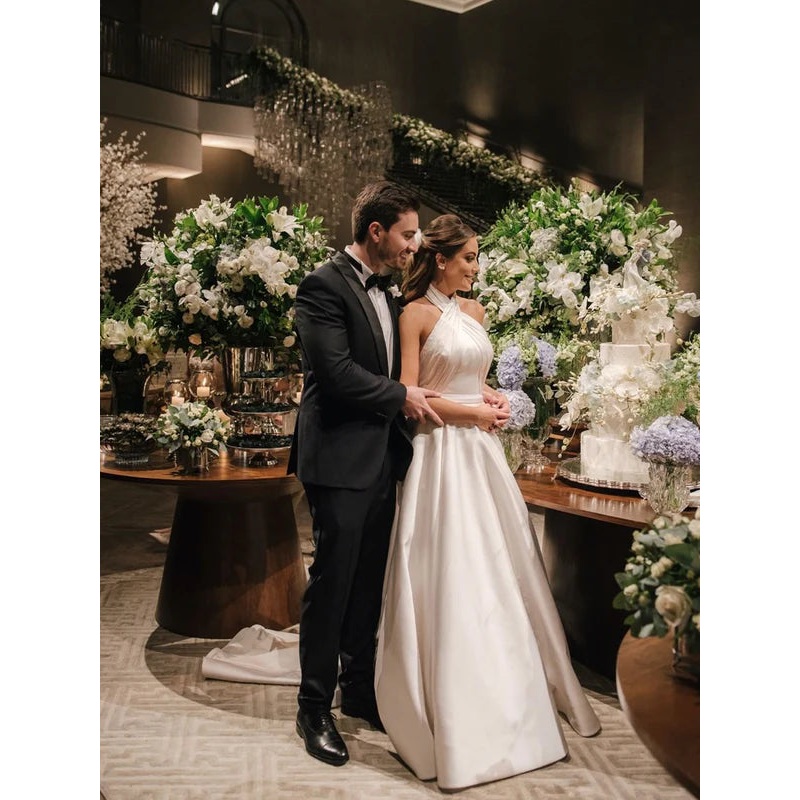 Halter Neck A Line Wedding Gown Criss Straps Simple Satin Wedding Dress Elegant Wholesale
