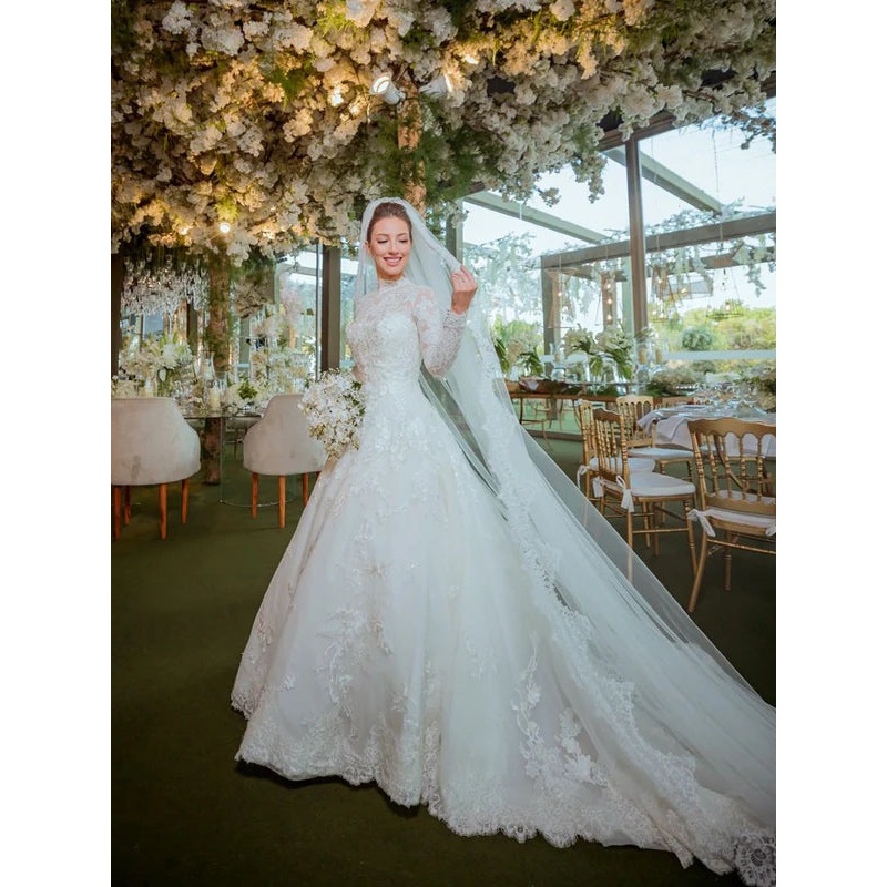 High Neck Boho Lace Long Sleeves Bridal Dress Ball Gown Wedding Dress Elegant Wholesale