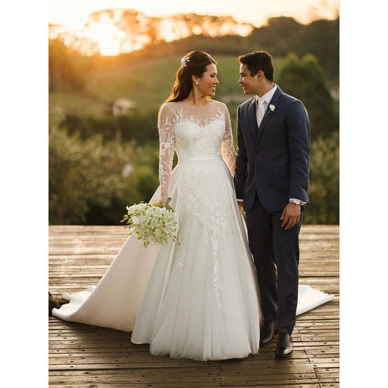 Illusion Rustic Lace Long Sleeves Tulle Wedding Dress With Detachable Satin Wedding Gown Elegant Wholesale