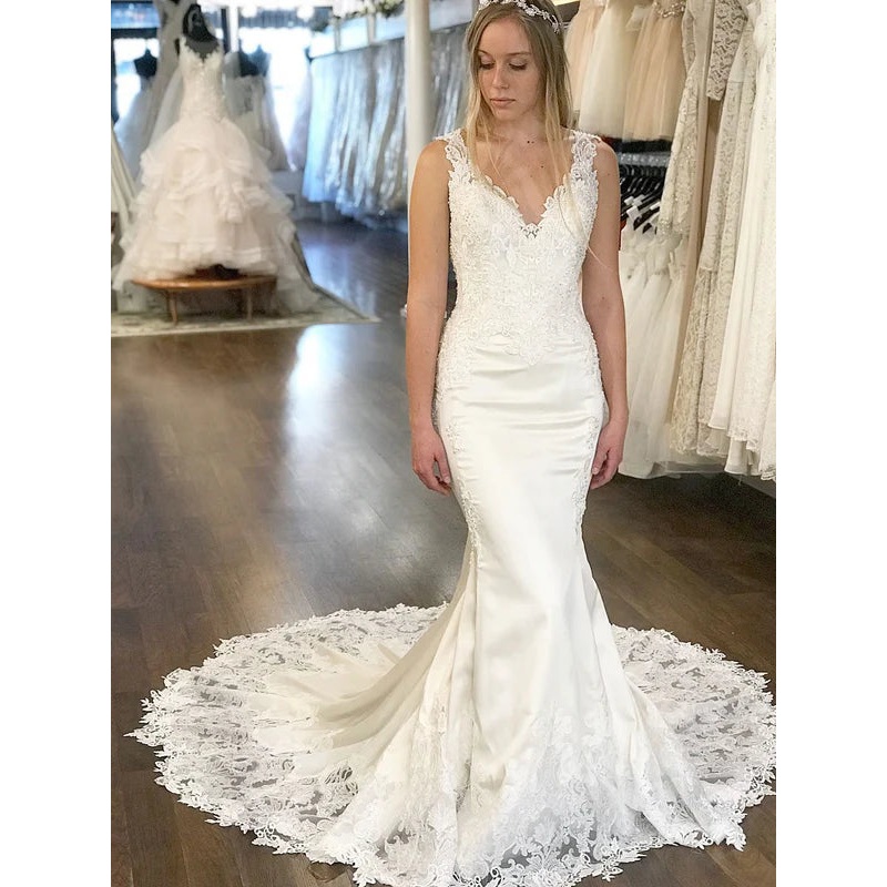 Mermaid Deep-V Chapel Train Satin Appliqued Wedding Dresses Sleeveless Elegant Wholesale