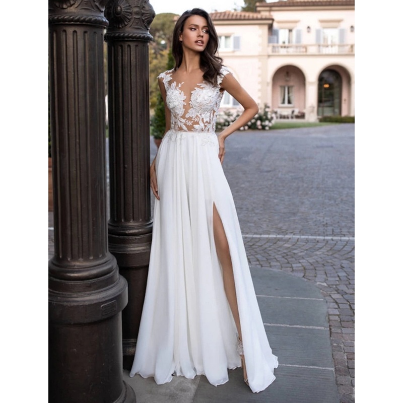 Wholesale Beach Open Back Wedding Dresses A-Line Illusion Neck Cap Sleeve Sweep / Brush Train Chiffon Bridal Gowns With Appliques Split Front Summer Wedding Party