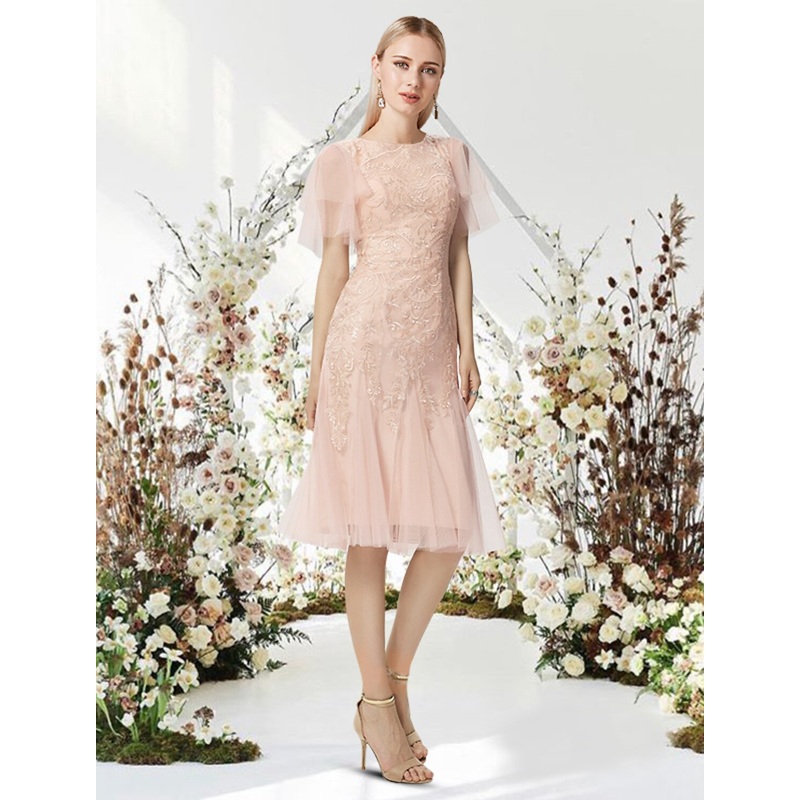 Aimishang A-Line Cocktail Dresses Flirty Dress Graduation Knee Length Half Sleeve Jewel Neck Lace with Appliques