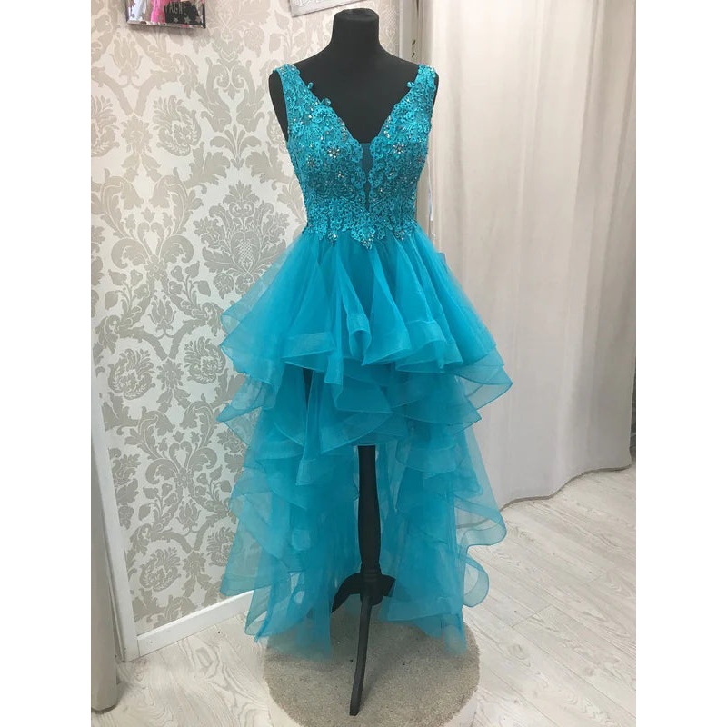 Charming Tulle V-neck Neckline Hi-lo Length A-line Prom Dresses With Beaded Appliques Homecoming Dresses Wholesale