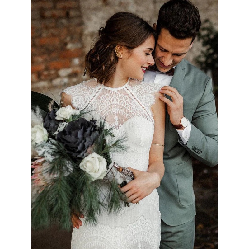 Fabulous Mermaid Lace Backless Sweep Train Wedding Dresses With Cap Sleeves Gown Elegant
