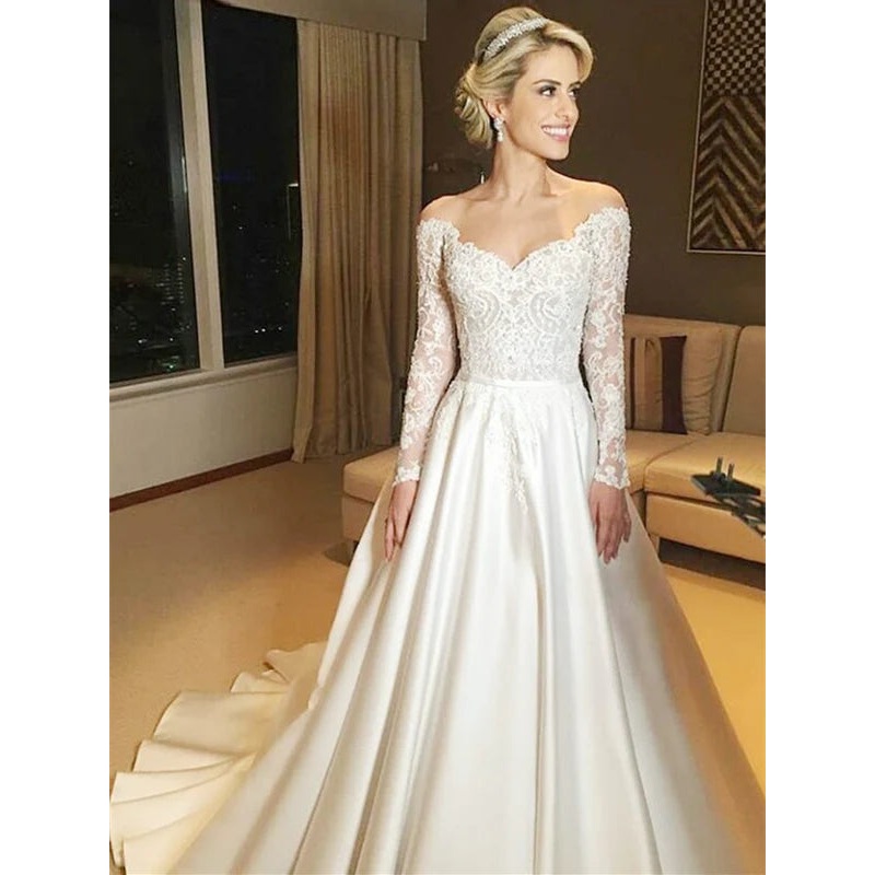 Fantastic Off-the-shoulder A-line Wedding Dresses Satin Appliqued Gowns Elegant