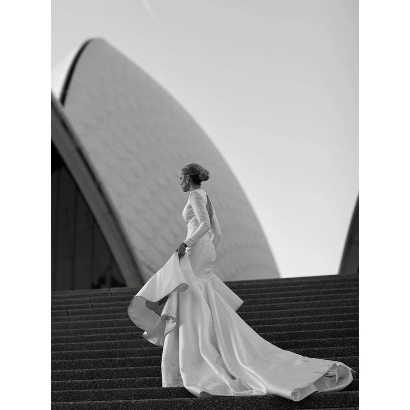 Grace Satin Long Sleeves Chapel Train Backless Mermaid Wedding Dress Simple Elegant