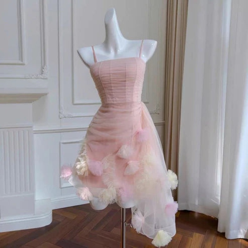 Lovely Pink Straps A-Line Homecoming Dress Tulle Birthday Outfits Sexy Party Dress Wholesale