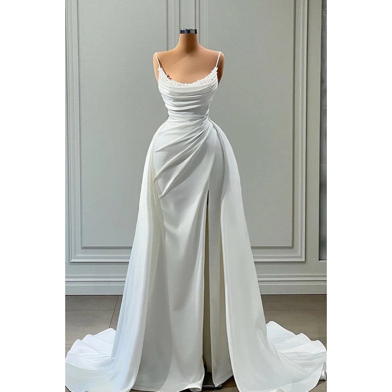 Mermaid Spaghetti Strap Floor Length Sleeveless High Split With Side Train Prom Dress Wedding Dress Elegant