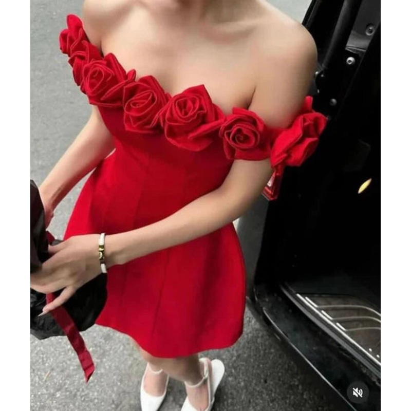 Red Off Shoulder Rose A-Line Homecoming Dress Birthday Outfits With Flowers Party Dress Wholesale