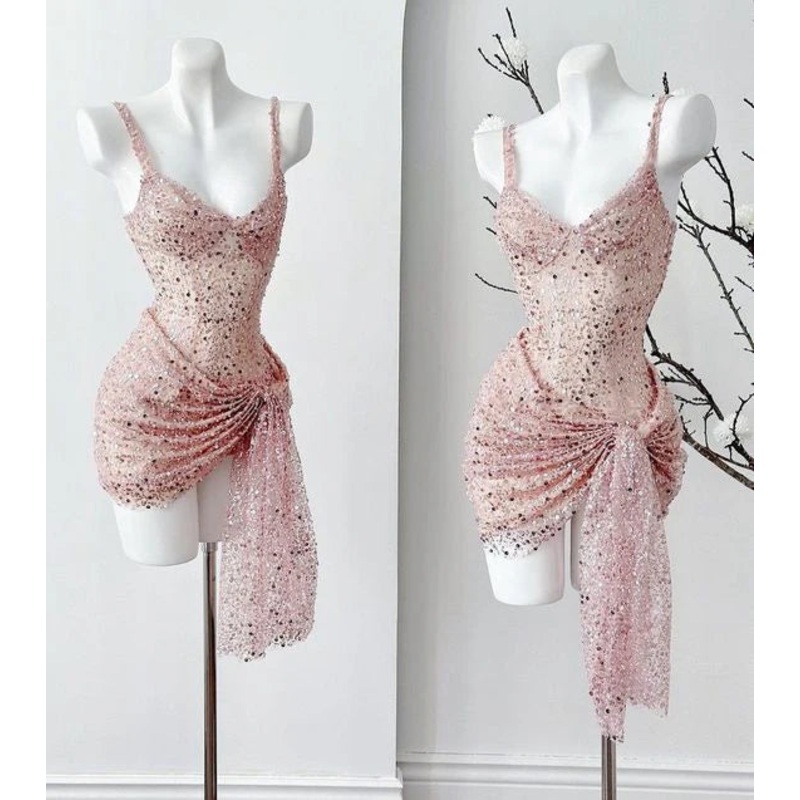 Shiny Pink Straps Sequins Sheath Short Party Dress Birthday Outfits Homecoming Dress Wholesale