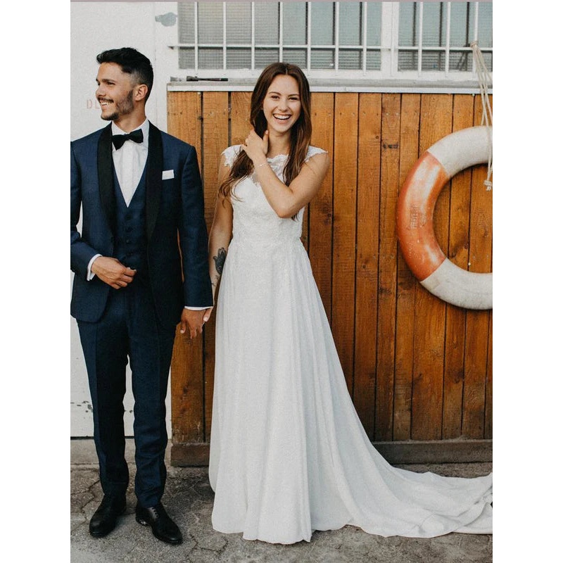 Simple A-line Chiffon Backless Sweep Train Wedding Dresses With Cap Sleeves Gown Elegant