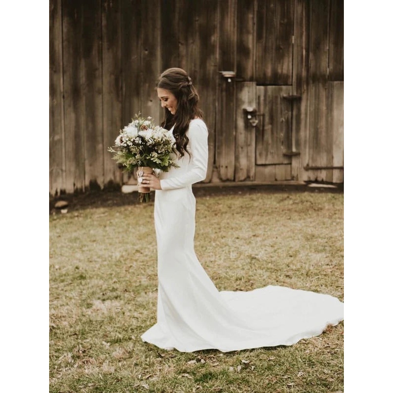 Simple Longsleeves Backless Satin Wedding Dresses Mermaid Bridal Gowns Elegant