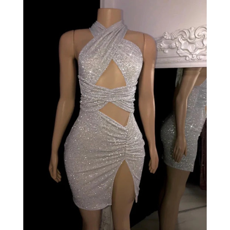 Sliver Shiny Halter Cut Out Bodycon Short Party Dress Sexy Homecoming Dress Wholesale