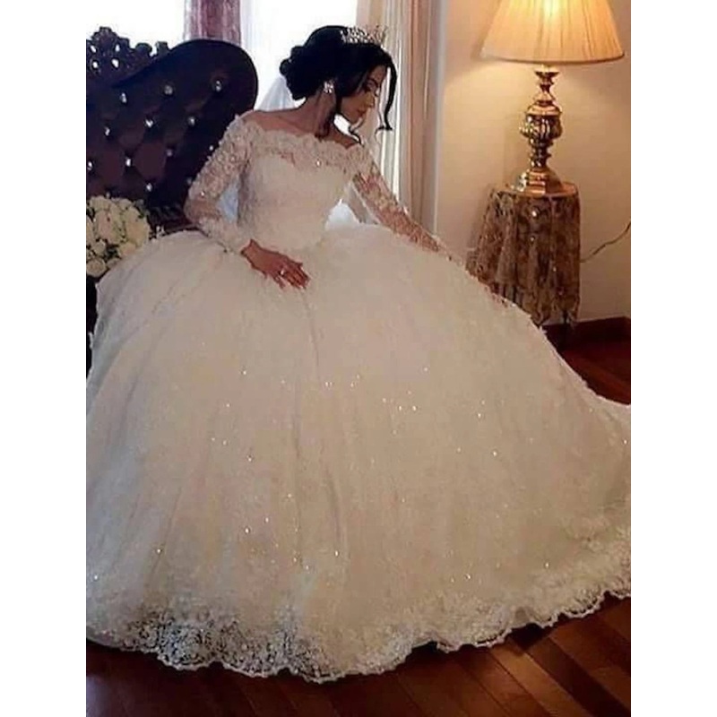 Wholesale Engagement Formal Fall Wedding Dresses Ball Gown Off Shoulder Long Sleeve Floor Length Lace Bridal Gowns With Beading Sequin Summer Wedding Party
