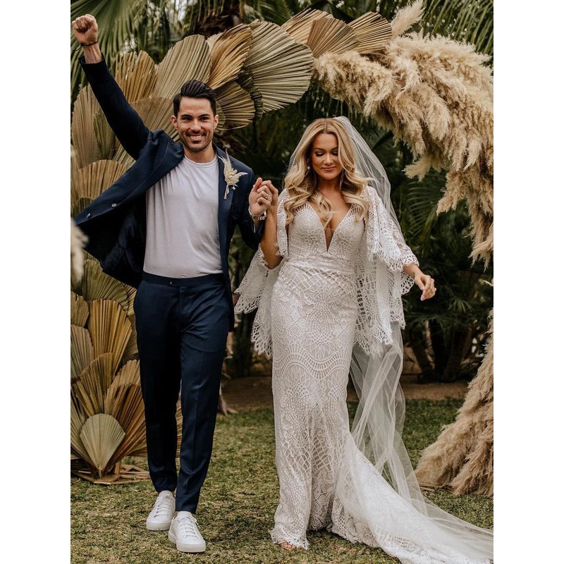 Wonderful Deep V-neck Lace Bat Sleeve Wedding Dresses With Sweep Train Sexy Charming