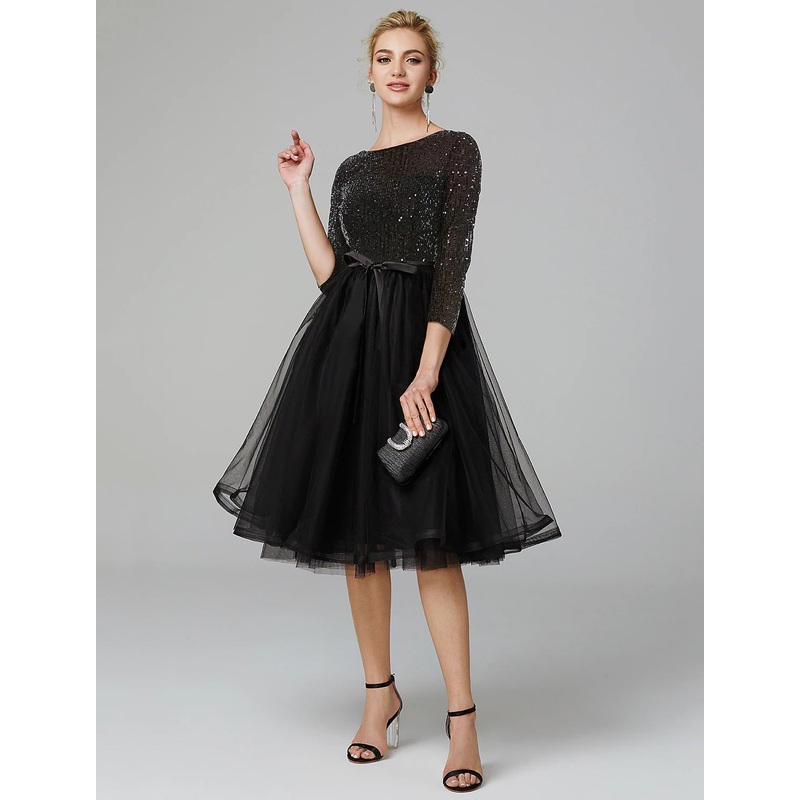 Aimishang A-Line Cocktail Dresses Sparkle & Shine Dress Formal Tea Length 3/4 Length Sleeve Jewel Neck Fall Wedding Guest Tulle with Sequin Strappy