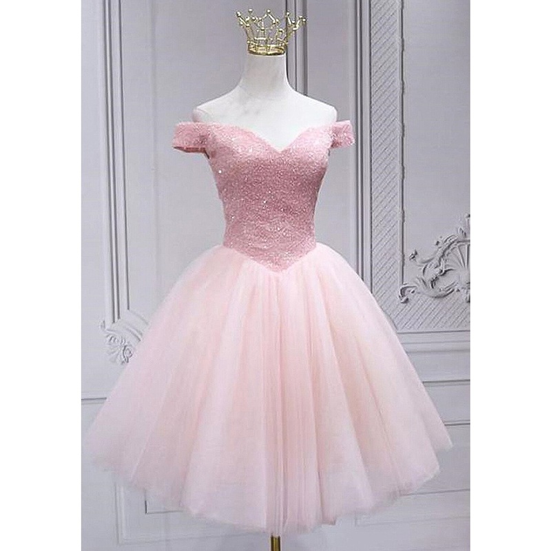 Aimishang A-Line Homecoming Dresses Sparkle & Shine Dress Party Wear Knee Length Sleeveless Off Shoulder Tulle with Sequin