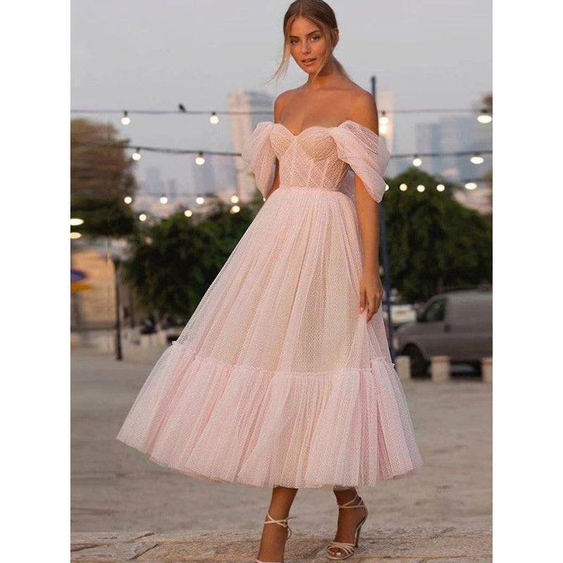Aimishang A-Line/Princess Tulle Ruffles Off-the-Shoulder Sleeveless Tea-Length Homecoming Dresses