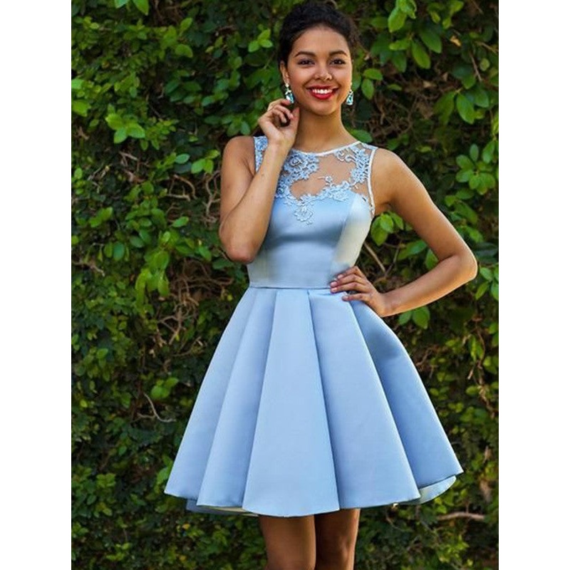 Aimishang A-Line Sleeveless Bateau Satin With Applique Short/Mini Dresses