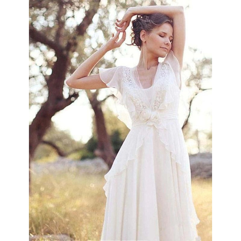 Wholesale Beach Boho Wedding Dresses A-Line V Neck Short Sleeve Floor Length Chiffon Bridal Gowns With Beading Appliques Summer Wedding Party