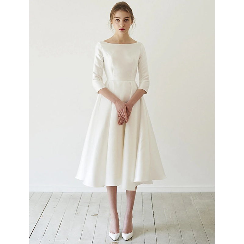 Wholesale Reception Fall Wedding Dresses Vintage 1940s / 1950s Little White Dresses A-Line Scoop Neck 3/4 Length Sleeve Tea Length Satin Bridal Gowns With Pleats / Summer Wedding Party