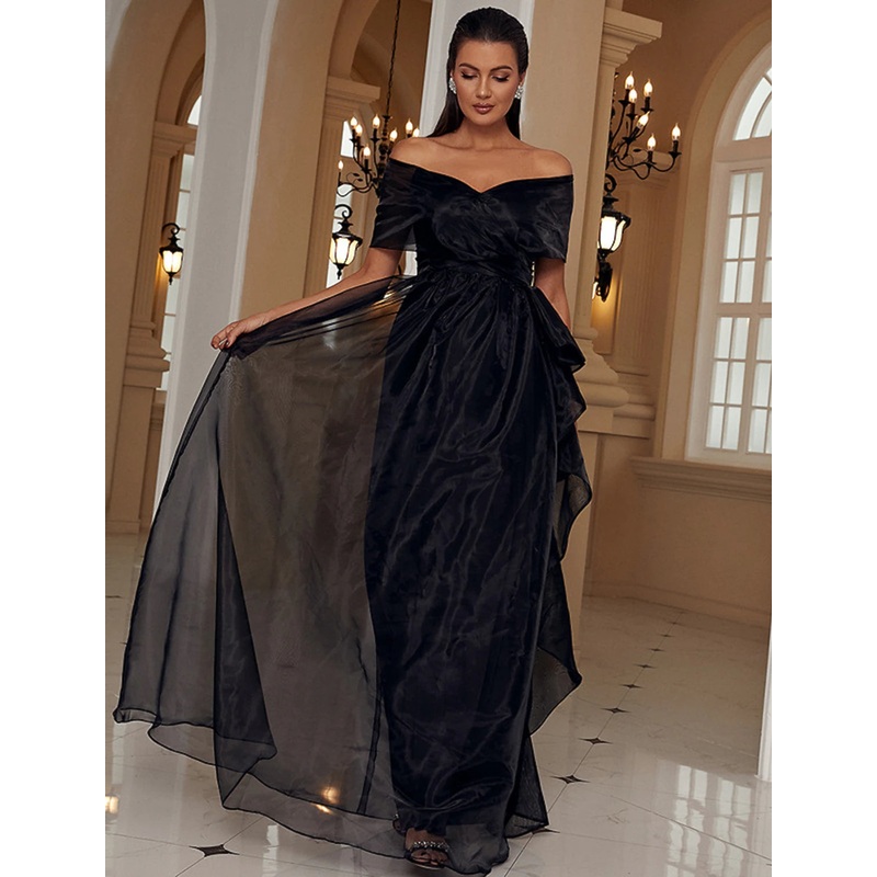 A-Line Evening Gown Sexy Dress Formal Floor Length Short Sleeve Off Shoulder Wednesday Addams Family Polyester with Ruffles Slit