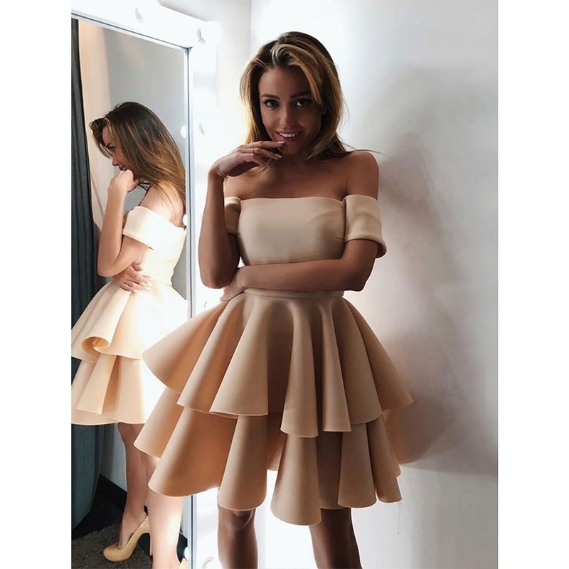Aimishang A-Line Cocktail Dresses Minimalist Dress Engagement Knee Length Short Sleeve Off Shoulder Satin with Tiered