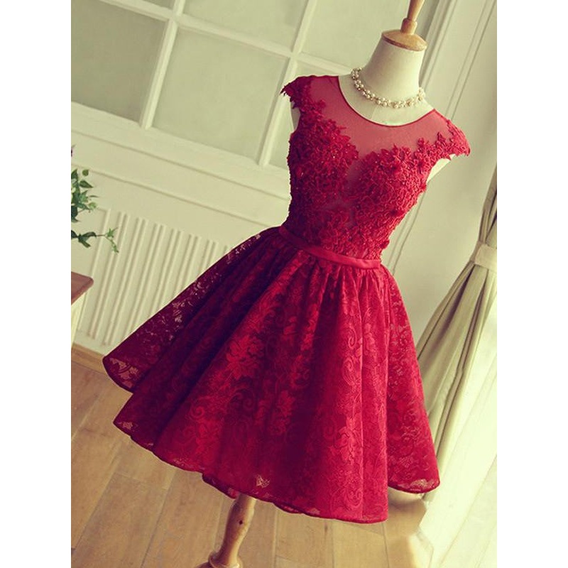Aimishang A-Line Jewel Sleeveless Short/Mini Homecoming Dress With Applique Lace Graduation Dress
