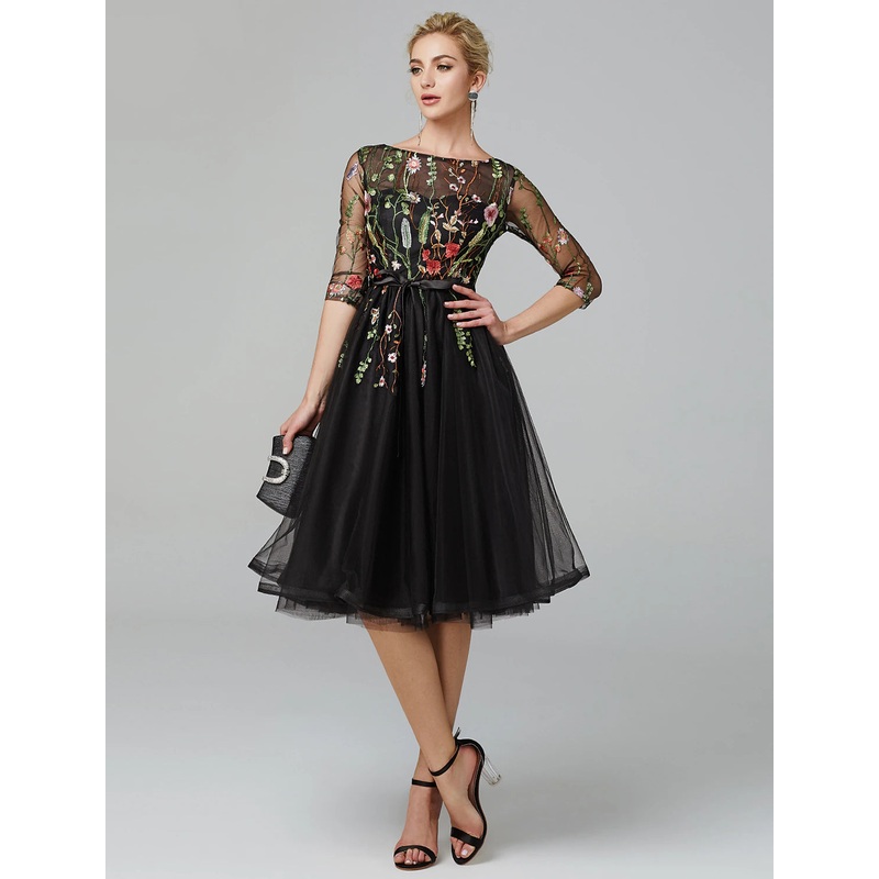 Aimishang   A-Line Little Black Dress Dress Wedding Guest Knee Length Long Sleeve Illusion Neck Wednesday Addams Family Tulle with Embroidery Appliques