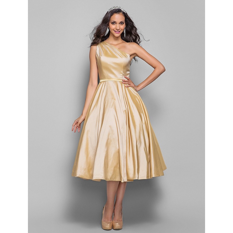 Aimishang   A-Line Minimalist Elegant Cocktail Party Wedding Party Dress One Shoulder Sleeveless Tea Length Taffeta with Sash / Ribbon