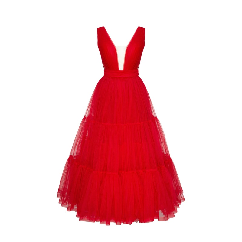 Aimishang A-Line Prom Dresses Princess Dress Wedding Guest Tea Length Sleeveless V Neck Tulle with Bow(s) Pleats