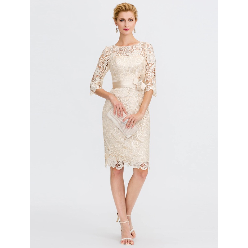 Aimishang Sheath / Column Mother of the Bride Dress Formal Wedding Guest Plus Size Elegant Illusion Neck Knee Length All Over Lace 3/4 Length Sleeve with Bow(s)