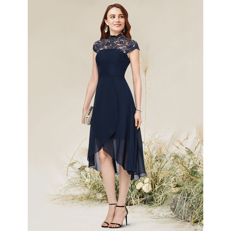 Aimishang  A-Line Cocktail Dresses Flirty Dress Homecoming Asymmetrical Sleeveless Jewel Neck Chiffon with Lace Insert
