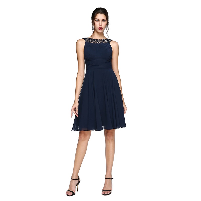 Aimishang  A-Line Cocktail Dresses Party Dress Wedding Guest Knee Length Sleeveless Illusion Neck Chiffon with Ruched Sequin Lace Insert