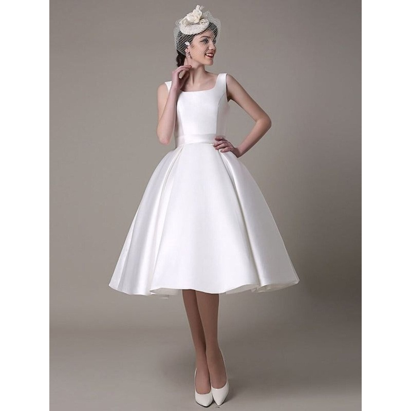 Aimishang  A-Line Cocktail Dresses Party Dress Wedding Guest Knee Length Sleeveless Square Neck Satin with Pleats
