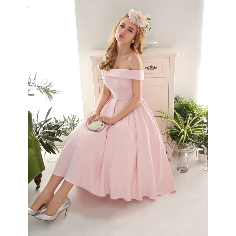 Aimishang  A-Line Cocktail Dresses Vintage Dress Engagement Tea Length Sleeveless Off Shoulder Stretch Fabric with Pleats