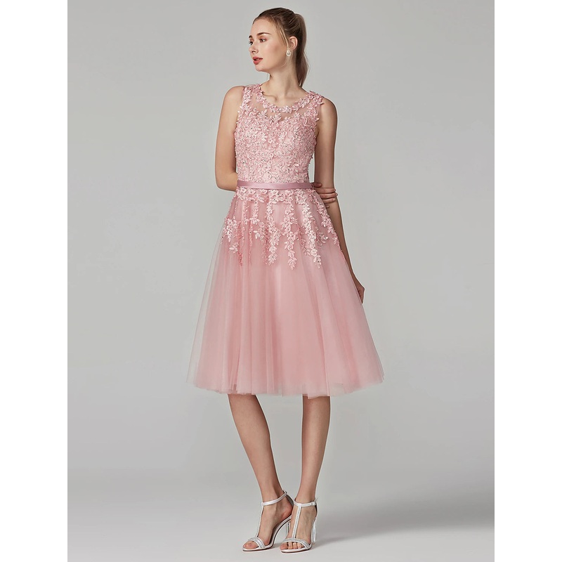 Aimishang  A-Line Cute Dress Cocktail Party Knee Length Sleeveless Illusion Neck Tulle Over Lace with Beading Appliques