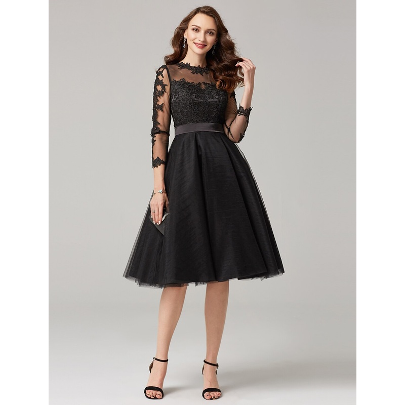 Aimishang   A-Line Elegant Dress Wedding Guest Knee Length 3/4 Length Sleeve Illusion Neck Tulle Over Lace with Appliques
