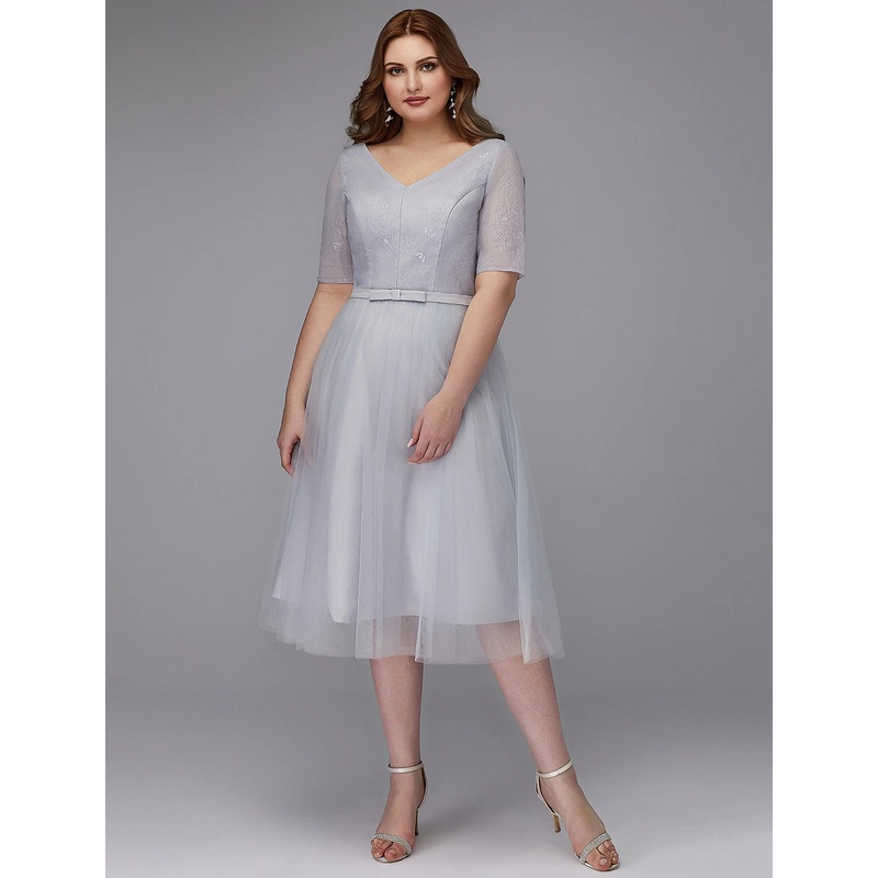 Aimishang   A-Line Elegant Dress Wedding Guest Tea Length Short Sleeve V Neck Lace Lace-up with Sash / Ribbon
