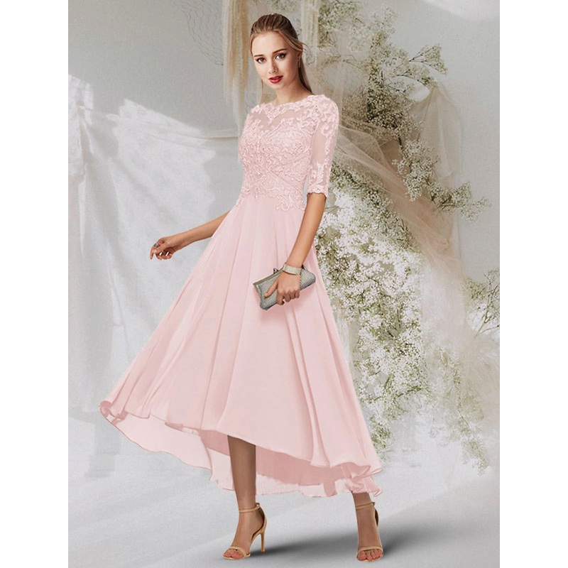 Aimishang   A-Line Evening Gown Empire Dress Wedding Guest Asymmetrical Long Sleeve Jewel Neck Chiffon with Beading Lace Insert